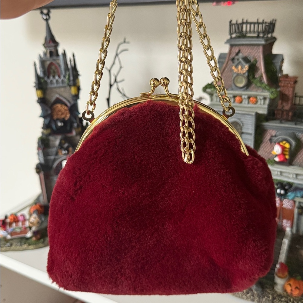 Burgundy Faux Fur Clutch with Chain Strap